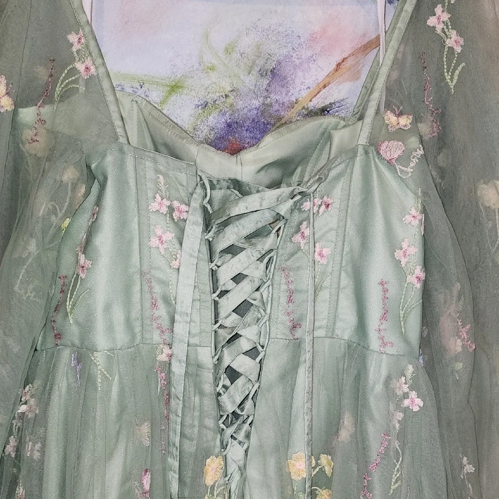 Elegant Floral Fairy Princess Corset Lng Sleeve Maxi Dress in Green Pink Floral - Picture 13 of 14